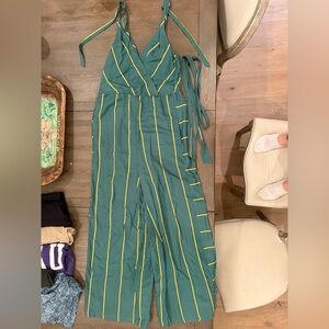Anthropologie Teal Wide Leg Strapless Jumpsuit